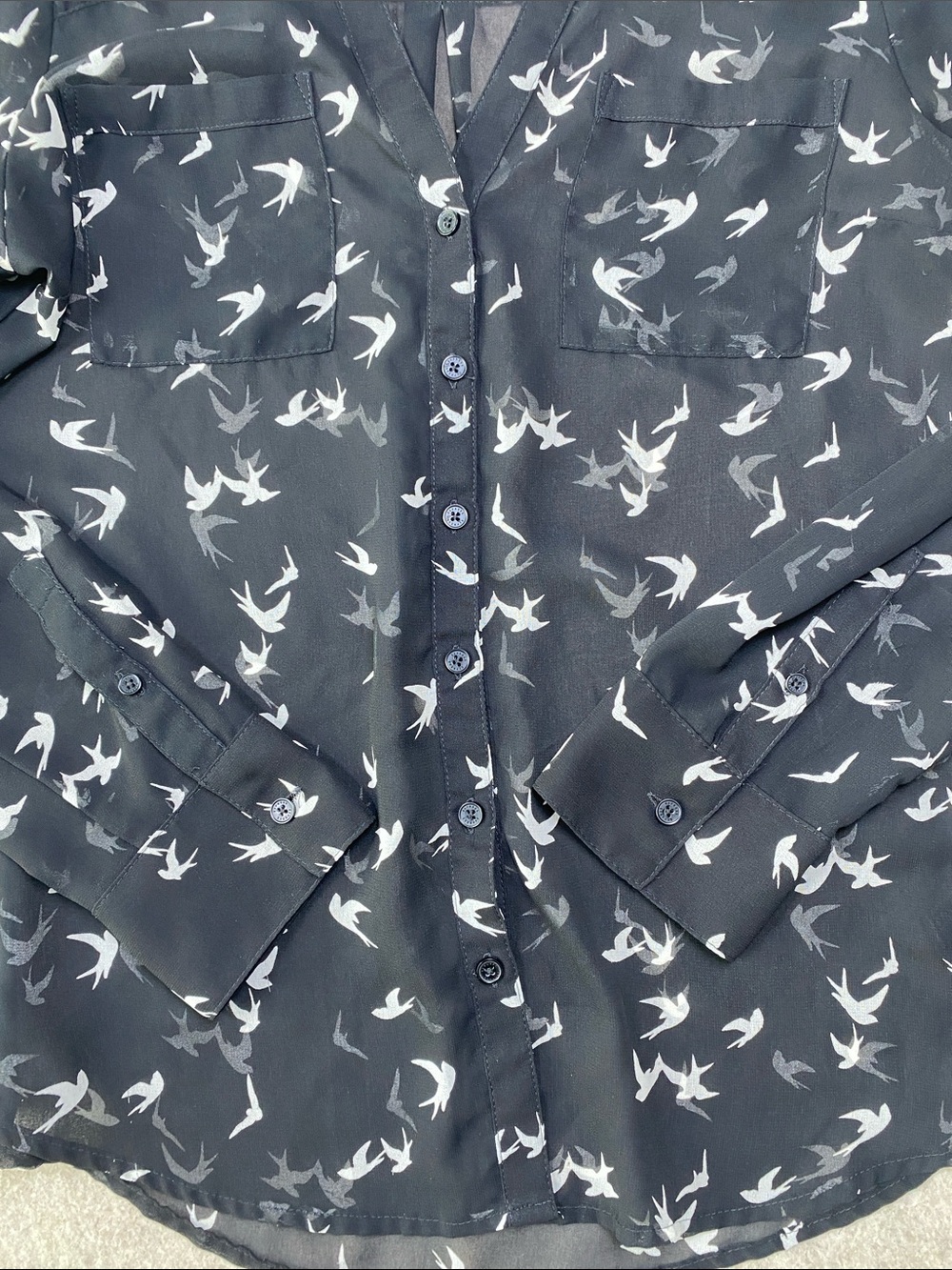 Express Portofino Shirt Small Black White Swallow Bird Print Sheer Blouse - Picture 9 of 11